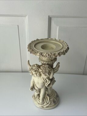 VTG Shabby Chic Ivory Cherub Resin Candle Holder Angelcore Decor